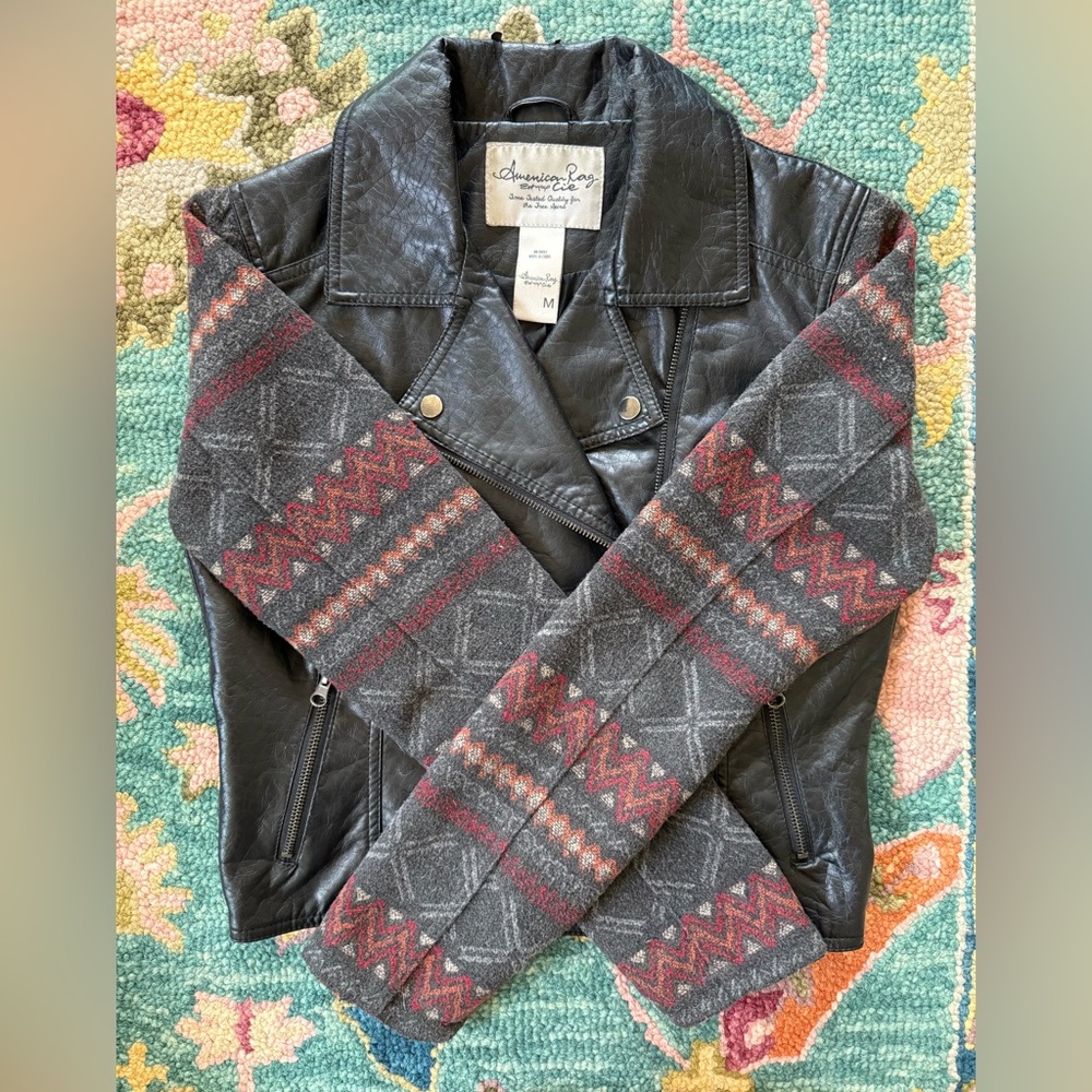 American Rag Black and Gray Leather Jacket with Patterned Sleeves